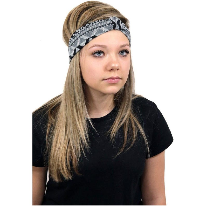 Black Tribal Boho Headband, Gray & Black Wide Hairband, Yoga Workout Head Wrap, Festival Turban Headband, Bohemian Hair Accessories image 4