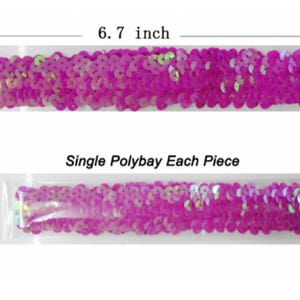 May include: A magenta sequin headband, 6.7 inches long and 1 inch wide, with three rows of sequins. The headband is shown both individually and packaged in a clear plastic bag. The text "Single Polybag Each Piece" is also visible.