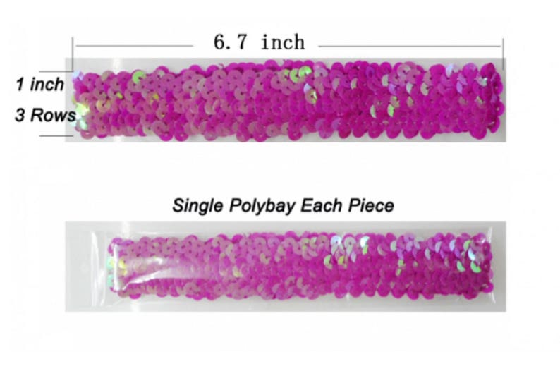 May include: A magenta sequin headband, 6.7 inches long and 1 inch wide, with three rows of sequins. The headband is shown both individually and packaged in a clear plastic bag. The text "Single Polybag Each Piece" is also visible.