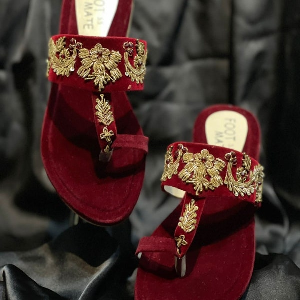 Handmade Red Velvet Kolhapuri, sandels - Non slip Indian Pakistani wedding & casual Foot wear - Flat women leather shoes - Ethnic shoes