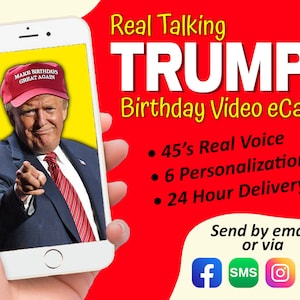 Donald Trump Geburtstagskarte Video, Animierter sprechender Trump Geburtstag eCard, echte Trump Stimme, Name hinzufügen, Foto, Geburtstagstext, MAGA Trump Geschenk