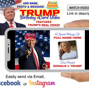 Trump Geburtstag eCard Video - Personalisiertes animiertes real sprechendes Donald Trump Video mit benutzerdefiniertem Namen, 2 Fotos & 2 Nachrichten | Geburtstags-Geschenke