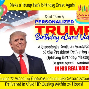 Trump Geburtstag eCard Video - Personalisiertes animiertes real sprechendes Donald Trump Video mit benutzerdefiniertem Namen, 2 Fotos & 2 Nachrichten | Geburtstags-Geschenke