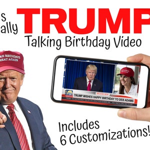 Trump Geburtstag eCard Video - Personalisiertes animiertes real sprechendes Donald Trump Video mit benutzerdefiniertem Namen, 2 Fotos & 2 Nachrichten | Geburtstags-Geschenke