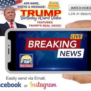 Tarjeta electrónica de cumpleaños de Trump en video: video animado personalizado de Donald Trump hablando con nombre personalizado, 2 fotos y 2 mensajes / Regalos de cumpleaños