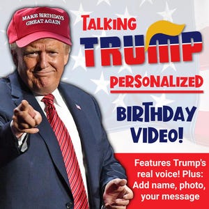 Trump Geburtstagskarte Video - Personalisiertes animiertes real sprechendes Donald Trump Video mit benutzerdefiniertem Namen, 2 Fotos & 2 Nachrichten | Geburtstags-Geschenke