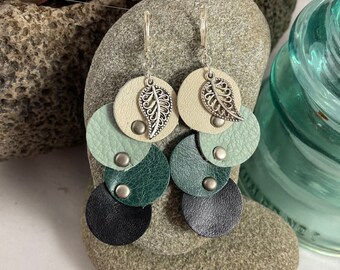 Green, Mint & Black Leather Drop Earrings