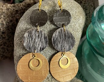 Black, Grey & Gold Leather Brass Earrings