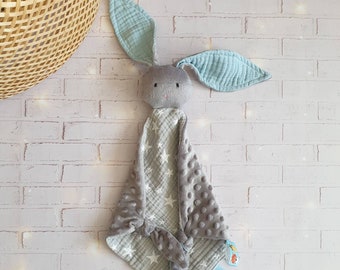 Edredón de bebé personalizado, edredón de muselina, edredón de conejito Minky, regalos para baby shower, doudou, bebé niño, niña, juguete sensorial