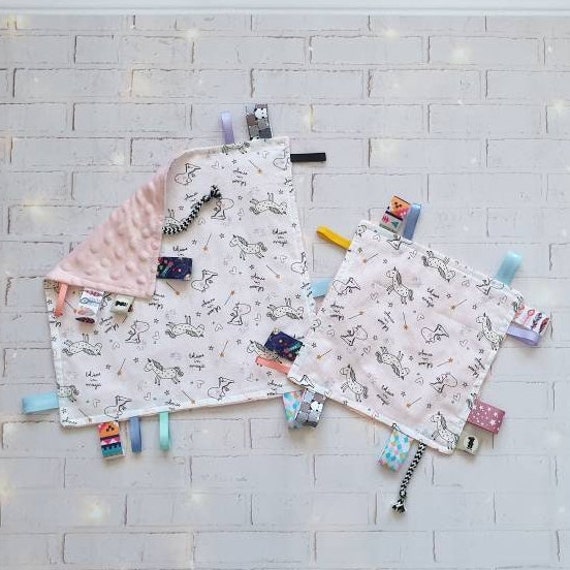 Minky Lovey, Crinkle Tag Ribbon Blanket, Baby Girl, Unicorn Tag Doudou,  Ribbon Security Blanket Modern, Pink, Baby Girl Gift Lovey, Newborn