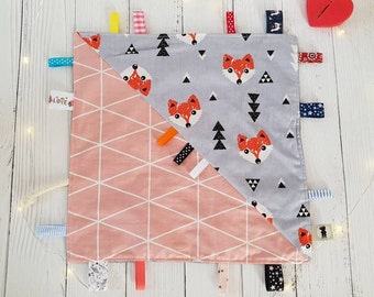 Sensory Ribbon minky Lovey, tag toy, fox Blankie, security muslin ribbon Blanket, Sensory Taggie Blanket, Infant Blanket, Baby Shower Gift