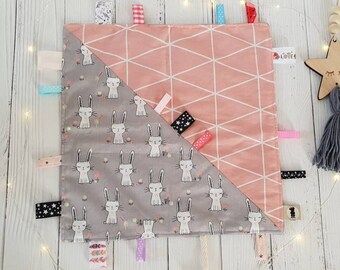 Baby Lovey, Minky Lovey, Minky Blanket, Security Blanket,  Baby Blanket, Soft Baby Blanket, Sensory Ribbon bunny tag toy, Baby Shower Gift