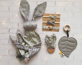 Set de regalo para baby shower de recién nacido, caja de regalo de bienvenida para bebé, niño, niña, anillo de madera, unisex, juguete arrugado, peluche para bebé, doudou