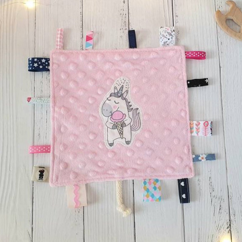 Personalised Baby Comforter Blankie//Blanket Gift UNICORN TAGGIE TAGGY