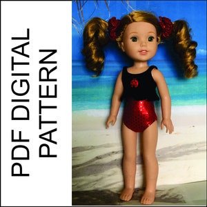 May include: A red and black swimsuit with a ladybug design for a doll. The swimsuit has a black tank top with a red ladybug on the front and a red bottom with white polka dots. The doll is wearing the swimsuit and has brown hair in pigtails.