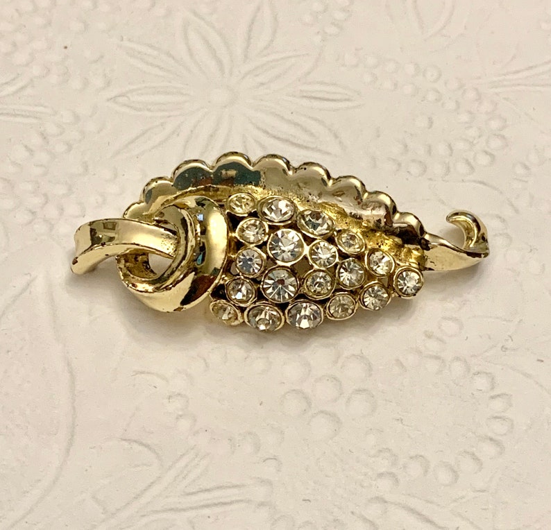 Vintage Coro Gold Tone and Clear Rhinestone Leaf Brooch