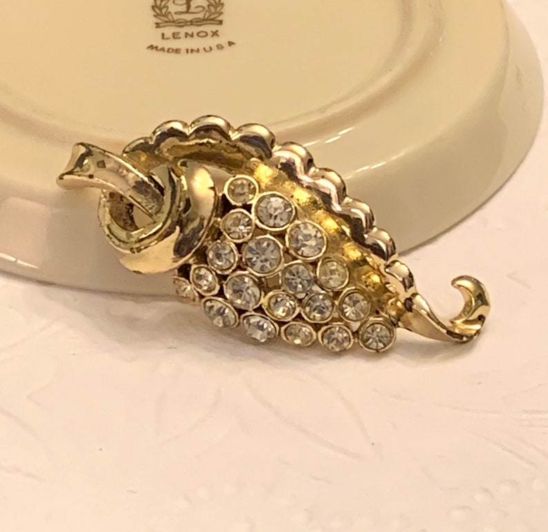 Vintage Coro Gold Tone and Clear Rhinestone Leaf Brooch