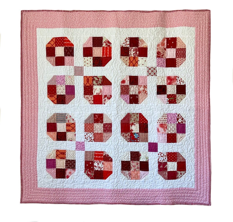Handmade Scrappy Pink Red and White Baby Quilt image 1