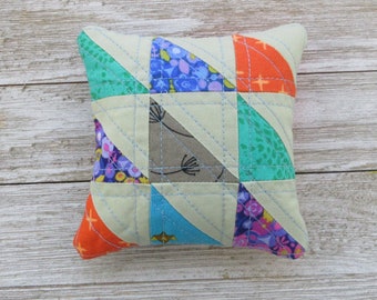 Handmade, Scrappy Triangle, Quilted Pincushion with Walnut Shell Stuffing