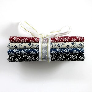 4 Fat Quarters Bundle, Red, Cream, Blue, and Black with Floral Accents image 2