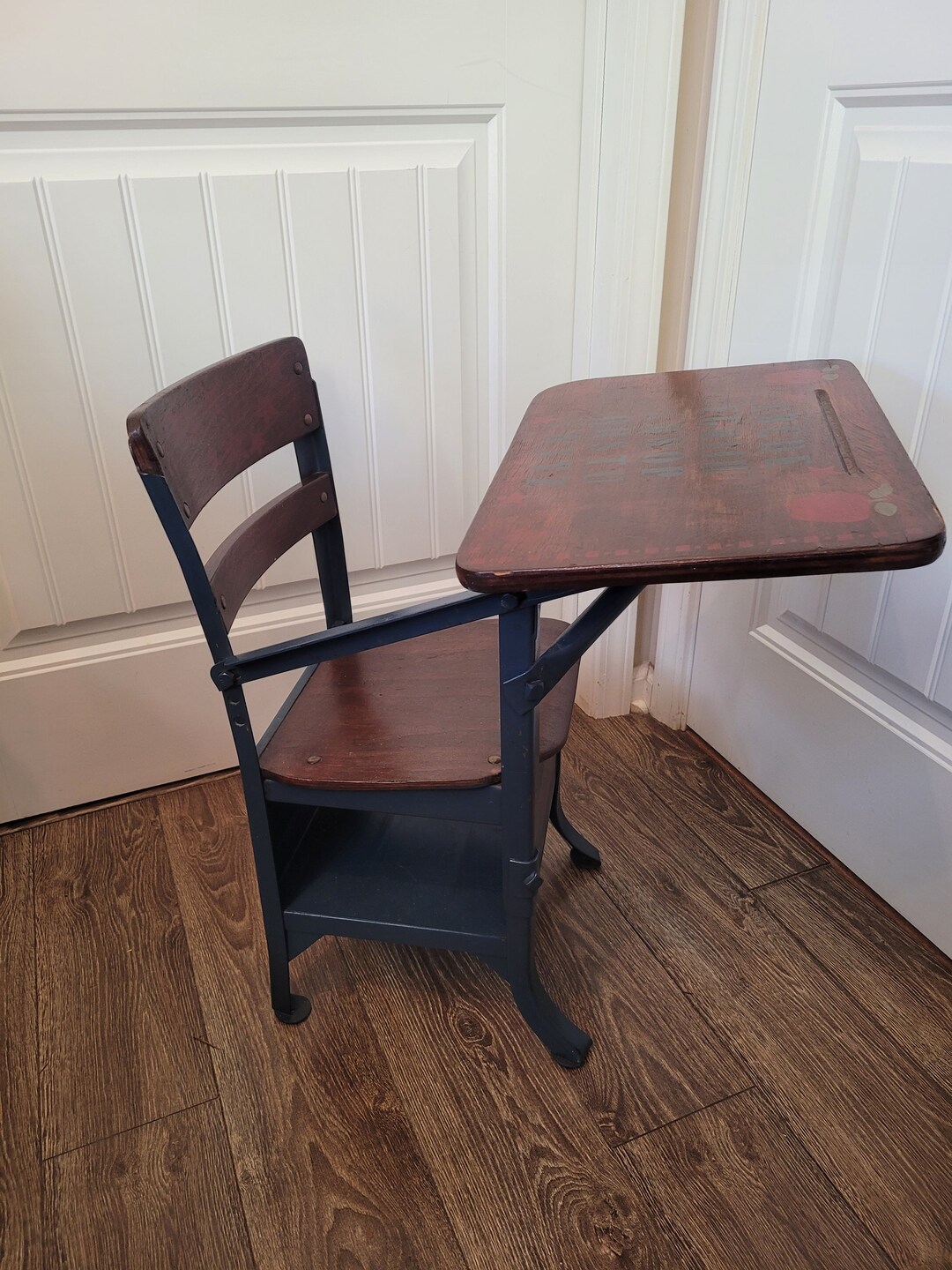 Antique Vintage Children's School Desk With Primitive Alphabet Design