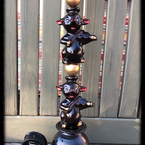 Vintage Candlestick Totem Pole &quot;Musicians are Pigs - or Are They?&quot; Black, Gold and Red Pigs Playing Fiddles!