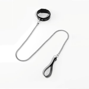 Chain Leash Set with Locking PVC Collar and - Shiny, Sturdy, Handcrafted, Faux Vegan, Choker with Chain Leash