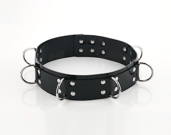 Black PVC Waist Belt Bondage Harness – Locking Padlock, D-Rings