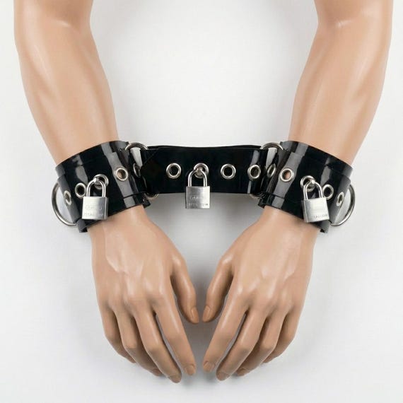 Handcrafted PVC Handcuffs with Connection Strap | Adjustable BDSM Bondage Restraints | Fetish Gear | Bed Bondage | Key-Alike Padlocks