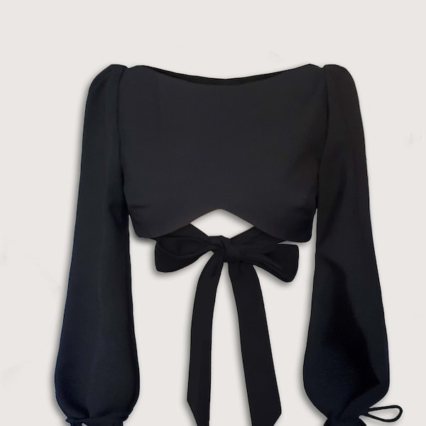 Adriana | Black Crop Top With Bow & Pearl Button Fastening At Back | Handmade To Order