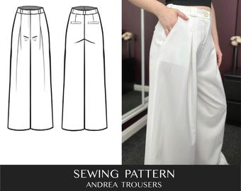 May include: White wide-leg trousers with a high waist and pleats, shown on a person and as a technical drawing. The image also includes the text "SEWING PATTERN ANDREA TROUSERS" and "sizes UK6-14".