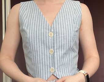 Chaleco de lino a rayas, chaleco de verano a medida, conjunto coordinado a juego para mujer en color azul.