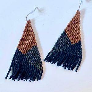Tri in Bronze, Charcoal, and Black - beaded earrings, long earrings, fringe earrings, seed bead earrings