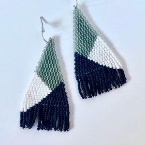 Tri in Black, Gray, and White - beaded earrings, long earrings, fringe earrings, seed bead earrings