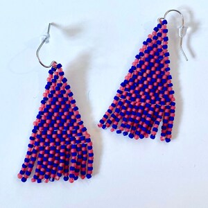 Alt in Pink and Blue - beaded earrings, long earrings, fringe earrings, seed bead earrings