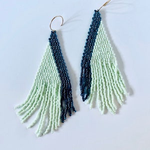 Edge in Mint Green and Dark Teal - beaded earrings, long earrings, fringe earrings, seed bead earrings