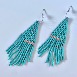 Mini Dash in Turquoise and Pink - beaded earrings, long earrings, fringe earrings, seed bead earrings