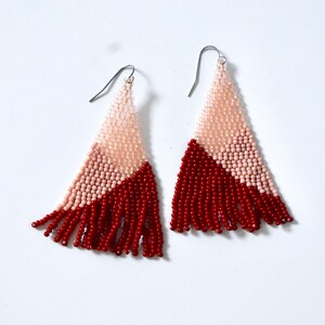 Tri in Pinks and Red - beaded earrings, long earrings, fringe earrings, seed bead earrings