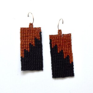 Zag in Terra Cotta and Black - beaded earrings, long earrings, fringe earrings, seed bead earrings