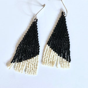Sammy in Black and Cream - beaded earrings, long earrings, fringe earrings, seed bead earrings