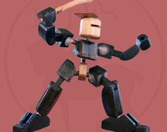 Handmade Wooden Robot Action Figure: Earth Trooper Toy