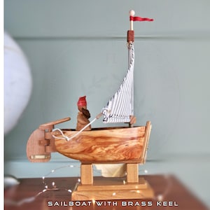 Wooden Toy Boat, Toy Sailboat, Handcrafted Wooden Boat with Brass Keel and Pirate Captain