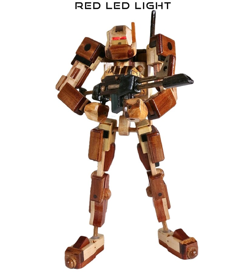 Wooden Robot Wooden Action Figure With Red LED Helmet Light Etsy