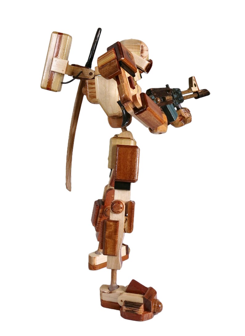 Wooden Robot Wooden Action Figure With Red LED Helmet Light Etsy