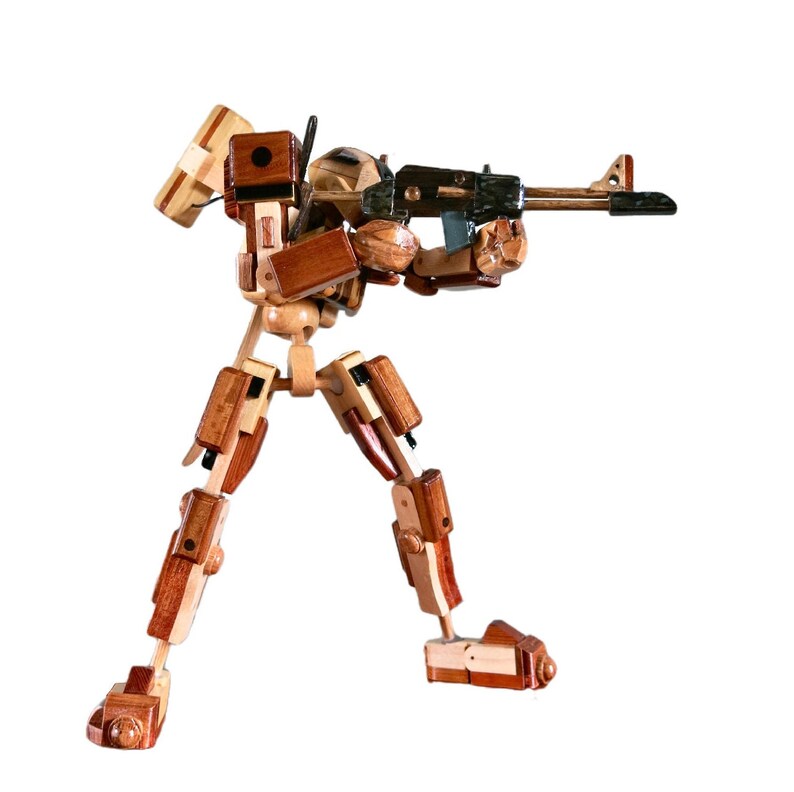 Wooden Robot Wooden Action Figure With Green LED Helmet Etsy