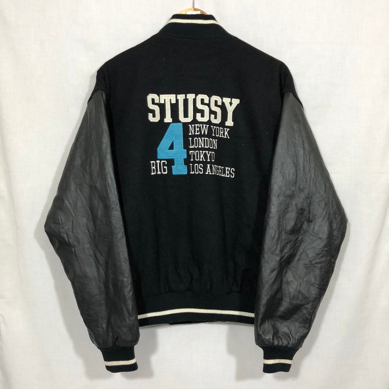 Vintage Stussy Big 4 Leather Wool Jacket NY London Tokyo LA - Etsy