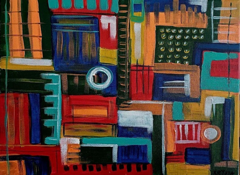 Abstract Acrylic Painting on Canvas | 12x16" Geometric Wall Art, Signed by Krysia image 1