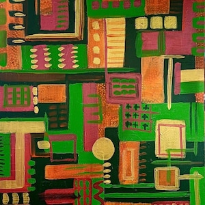 Abstract Acrylic Painting on Canvas | 15.5x19.5" Geometric Wall Art, Signed by Krysia