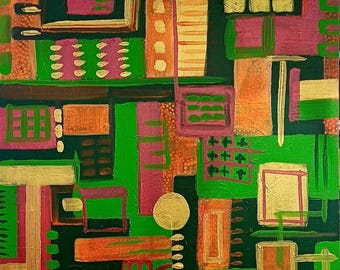 Abstract Acrylic Painting on Canvas | 15.5x19.5" Geometric Wall Art, Signed by Krysia