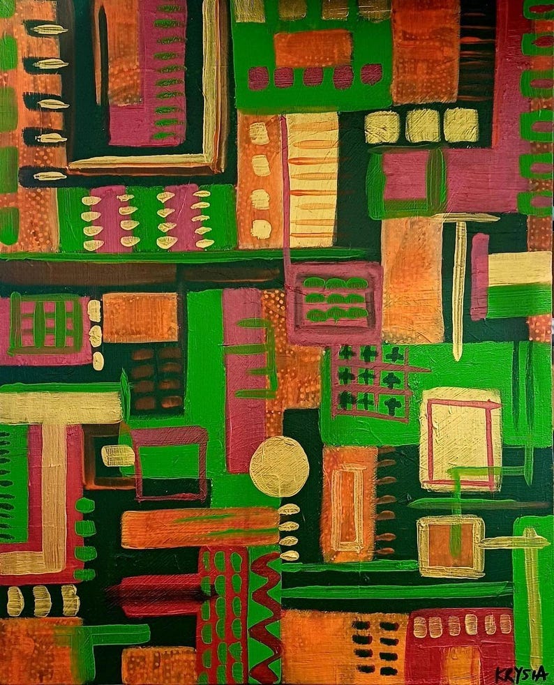 Abstract Acrylic Painting on Canvas | 15.5x19.5" Geometric Wall Art, Signed by Krysia image 1